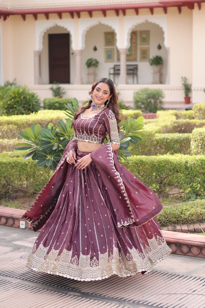 Trendy Brown Gold Crush Embroidered Lehenga Choli