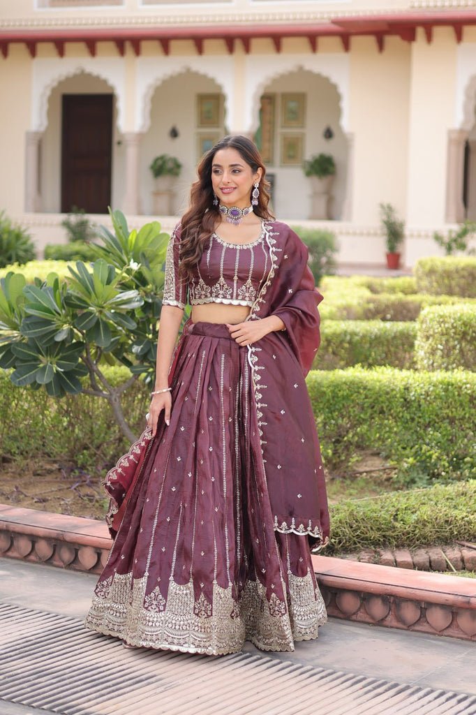 Trendy Brown Gold Crush Embroidered Lehenga Choli