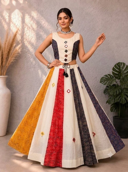 Women’s Stitched Ajrakh Cotton Lehenga Choli Set with Mirror & Hand Embroidery Work 6.5–7 Meter Flair Slub Khadi with Micro Inner Waist Up to 44 Inches