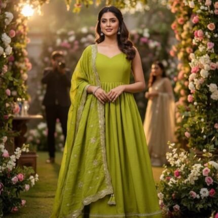 Women’s Party Wear Flared Green Gown With Embroidered Dupatta & Bunch of Latkans