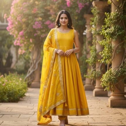 Women's Party Wear Flared Gown With Embroidered Dupatta & Bunch of Latkans