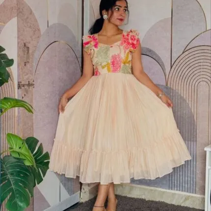 Beautiful Pure Mul Chanderi Frock with Handwork