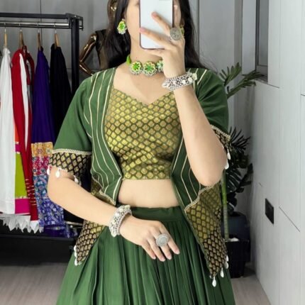 Green Color Pure Rayon Plain Butti Silk Work Lehenga Choli With Gota Patti Koti