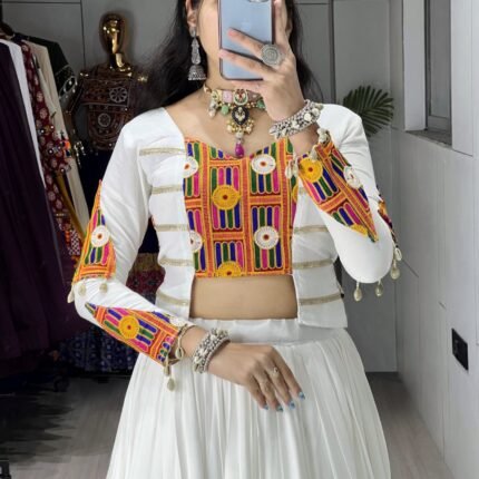 White Rayon Cotton Kutchi Work Fancy Top Lehenga