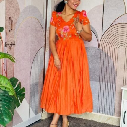 Orange Beautiful Pure Mul Chanderi Frock with Handwork