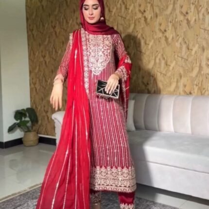 Red Color Faux Georgette Fabric Sequence Work Suit