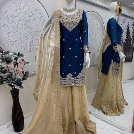 Premium Fendy Satin Party Wear Suit Set With Sharara Dupatta Stunning Embroidery