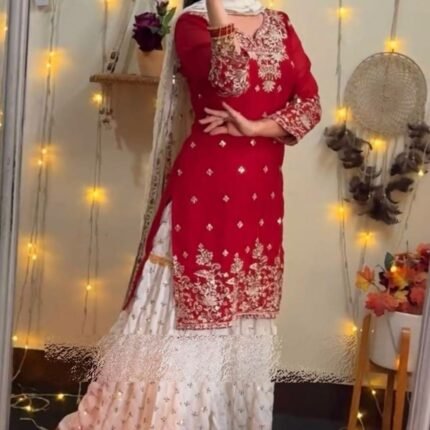 Red Sharara Set with White Palazzo & Net Dupatta For Festive Wear
