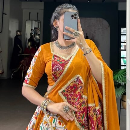 Mustard Yellow Rayon Silk Patola Print Gamthi Work Lehenga Choli