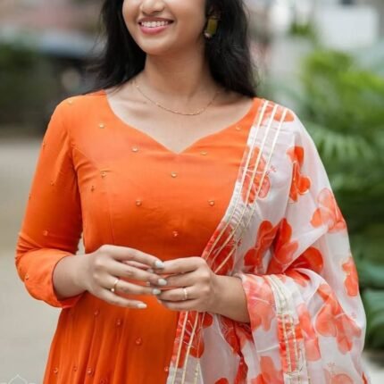 Rust Orange Embroidered Anarkali Set