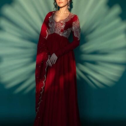 Red Color Fully Embroidery Work On Neck Designer Gown