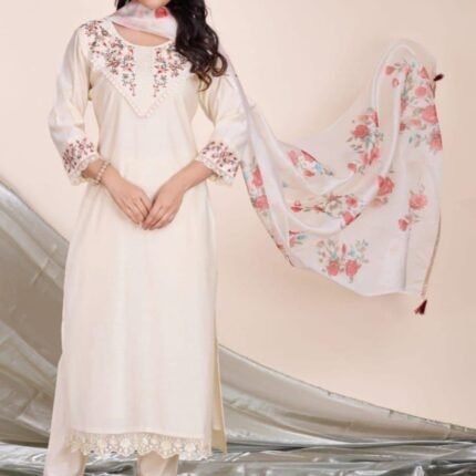 Viscose Silk Floral Embroidered Straight Kurta with Pant & Dupatta