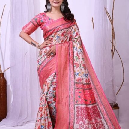 Latest Floral Printed Zari Saree