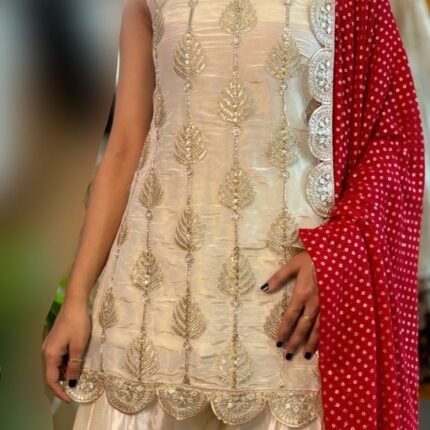 Exclusive Designer Ivory Silk Sharara Set With Golden Thread Embroidery