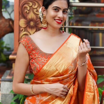 Exclusive Orange Floral Woven Design Zari Saree