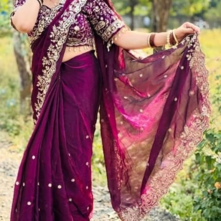 Stunning Embroidery Party Wear Saree With Fully Stitched Blouse