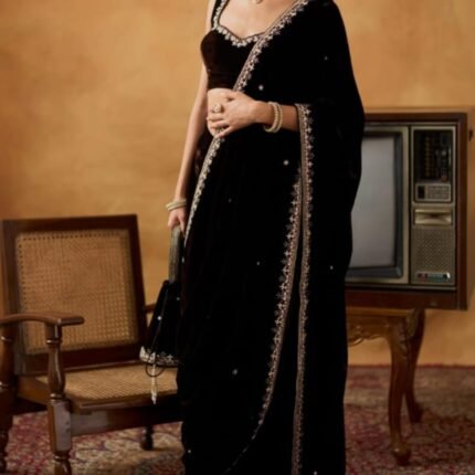 Trending Velvet Saree With Embroidered & Fancy Lace Border With Stitched Blouse