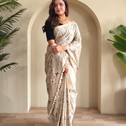 Stunning Beige Tussar Saree With All Over Designer Embroidery