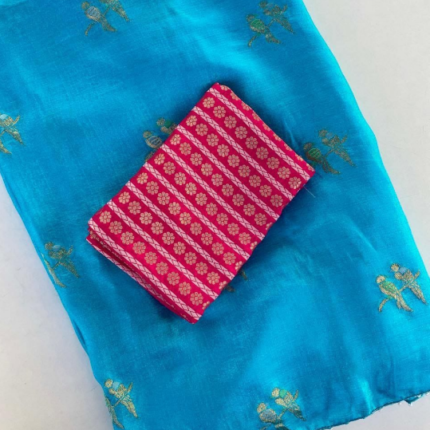 Latest Jute Crush Silk Saree With Beautiful Contrast Banarasi Blouse