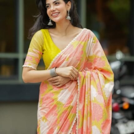 Trending Pink Floral Cotton Saree With Lime Handwork Blouse