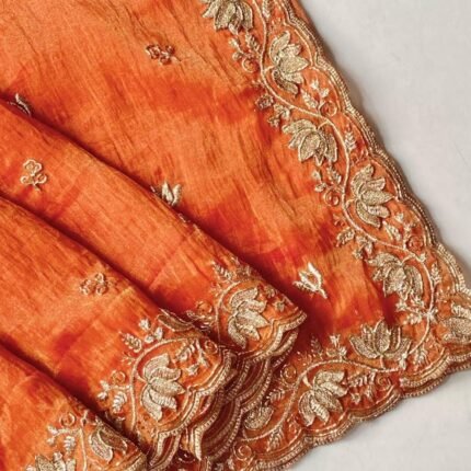 Party Wear Panoply Orange Handwork Tissue Silk Saree