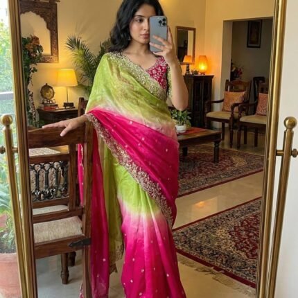 Trendy Soft Fendi Satin Saree With Beautiful Sequins Embroidery