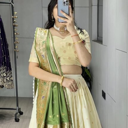 Classy Creamy Paithani Silk Lehenga Choli With Zari Weaving