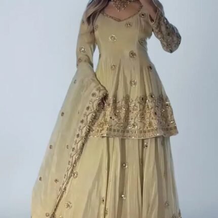 Premium Embroidered Embellished Chinon Semi-beads Real Mirror Work Top With Chinon Lehenga