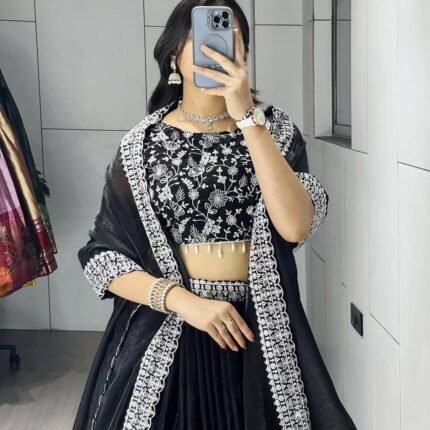 Stunning Black Fendi Satin Lehenga Choli With Embroidery Work