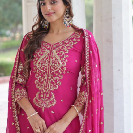 Stunning Pink Faux Blooming Kurti Suit With Embroidered Work