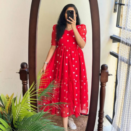 Sofy Red Georgette Frock With Puffy Sleeves