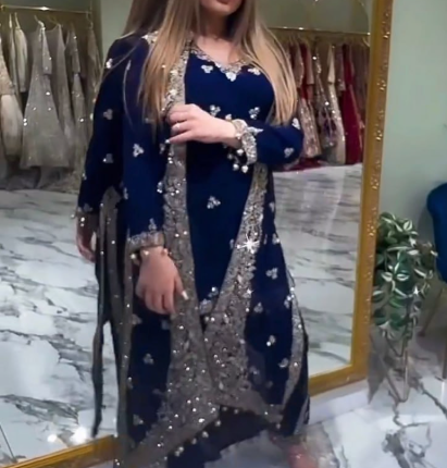 Stunning Navy Blue Kurti Set With White Embroidery Work