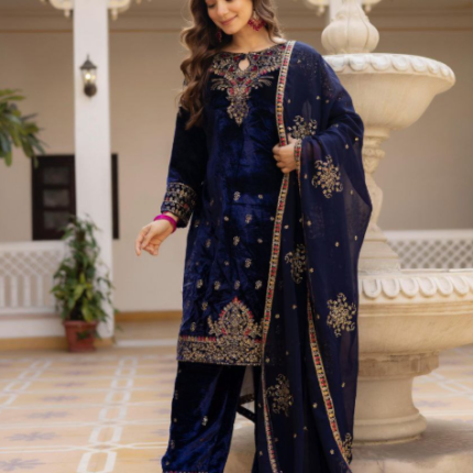 Navy Bue Velvet Kurti Set With Georgette Dupatta