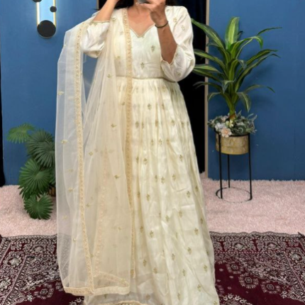 Fancy White Embroidery Work Chimmer Gown Set