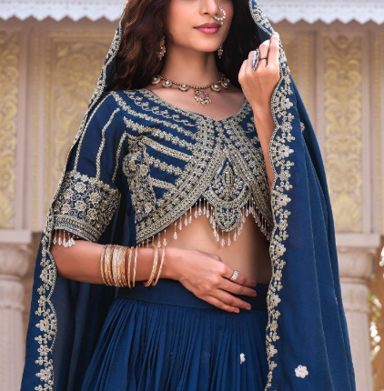 Glam Navy Blue Vichitra Silk Lehenga Choli With Sequins Embroidery