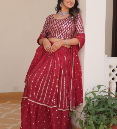 Premium Red Georgette Sequins Lehenga Choli