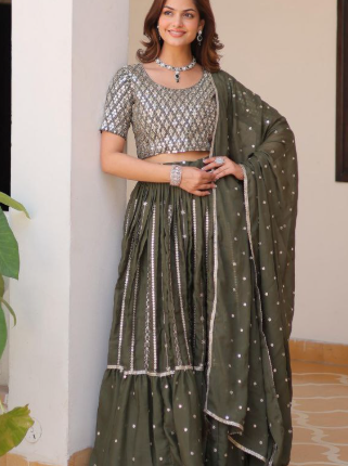 Glam Mehendi Green Georgette Embroidered Lehenga Choli