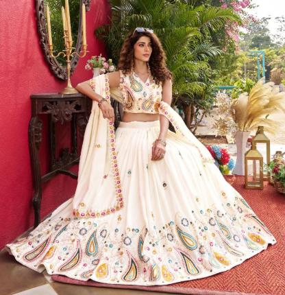 Classy White Vichitra Silk Sequins Embroidered Lehenga Choli