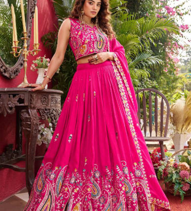 Fabulous Pink Vichitra Silk Sequins Embroidered Lehenga Choli