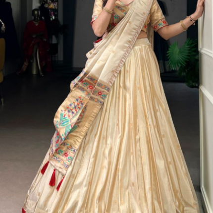 Royal Beige Gold Shimmer Lehenga With Paithani Zari Weaving