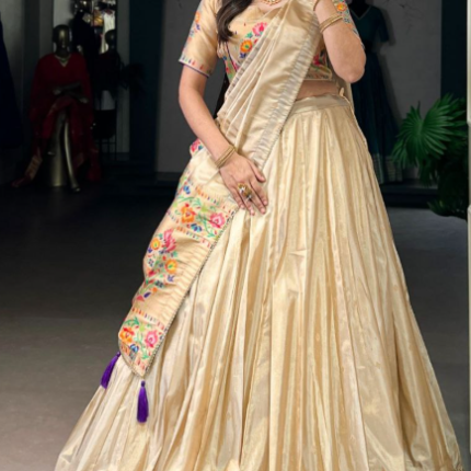 Gorgeous Beige Gold Shimmer Lehenga With Paithani Work