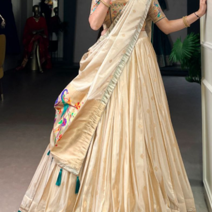 Glam Beige Gold Shimmer Paithani Zari Weaving Lehenga Choli