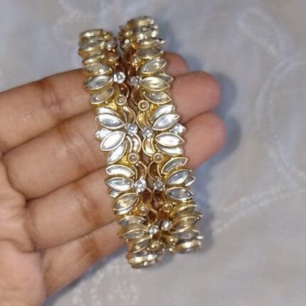 Gold Silk Thread Bangles With White Eye Shape Kundans