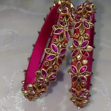 Pink Silk Thread Bangles With Eye Shape Kundans