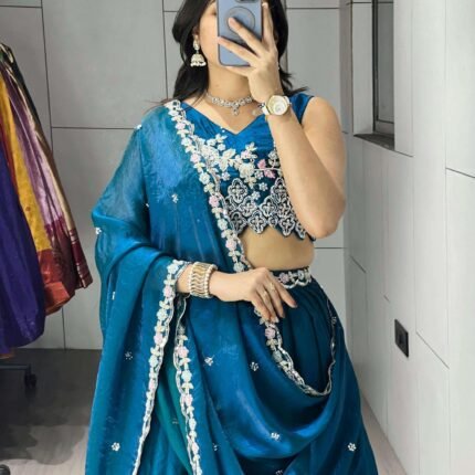 Gorgeous Teal Blue Pure Organza Silk Digital Printed Lehenga Choli