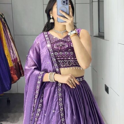 Cool Purple Organza Silk Lehenga Choli With Digital Print