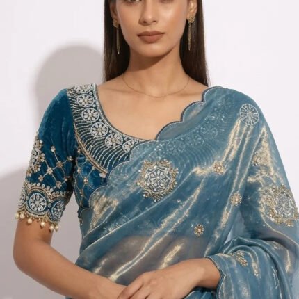 Fabulous Teal Blue Fendy Satin Saree With Buttis Work