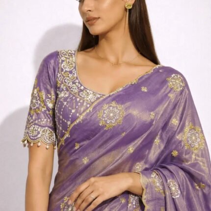Stunning Lavender Fendy Satin Saree With Buttis Work