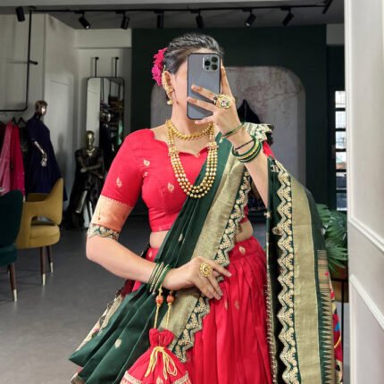 Latest Red Jacquard Silk Paithani Lehenga Choli With Sequins Work