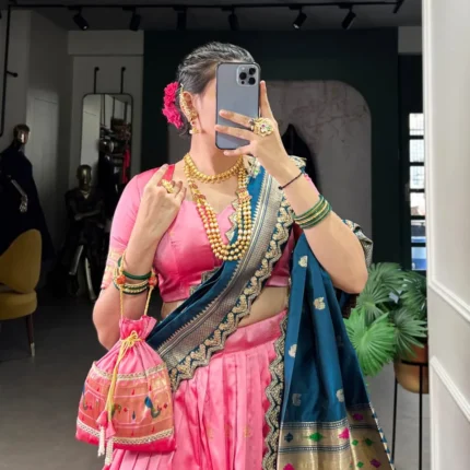 Trending Pink Jacquard Silk Paithani Lehenga With Sequins Work